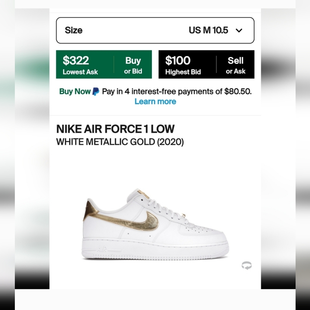 Nike air force 1 low metallic gold sz. 10.5 mens